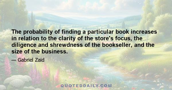 The probability of finding a particular book increases in relation to the clarity of the store's focus, the diligence and shrewdness of the bookseller, and the size of the business.