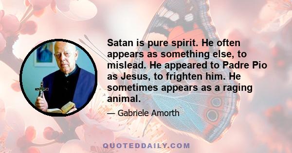 Satan is pure spirit. He often appears as something else, to mislead. He appeared to Padre Pio as Jesus, to frighten him. He sometimes appears as a raging animal.