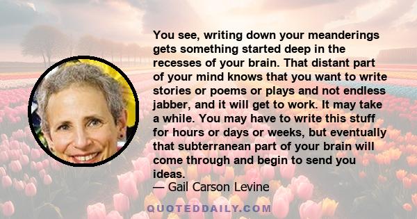 You see, writing down your meanderings gets something started deep in the recesses of your brain. That distant part of your mind knows that you want to write stories or poems or plays and not endless jabber, and it will 