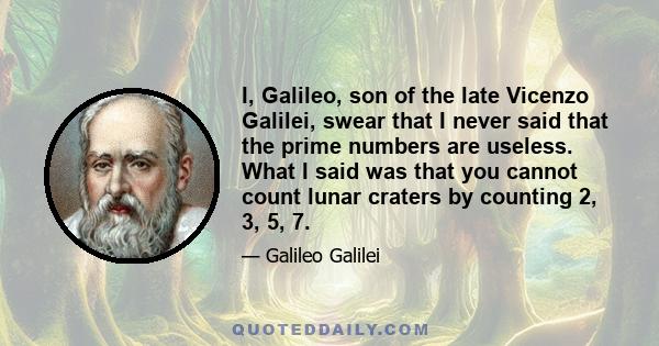 I, Galileo, son of the late Vicenzo Galilei, swear that I never said that the prime numbers are useless. What I said was that you cannot count lunar craters by counting 2, 3, 5, 7.