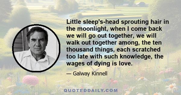 Little sleep's-head sprouting hair in the moonlight, when I come back we will go out together, we will walk out together among, the ten thousand things, each scratched too late with such knowledge, the wages of dying is 