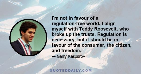 I'm not in favour of a regulation-free world. I align myself with Teddy Roosevelt, who broke up the trusts. Regulation is necessary, but it should be in favour of the consumer, the citizen, and freedom.