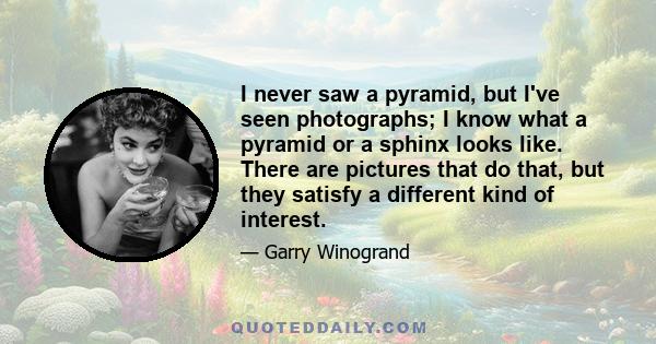 I never saw a pyramid, but I've seen photographs; I know what a pyramid or a sphinx looks like. There are pictures that do that, but they satisfy a different kind of interest.