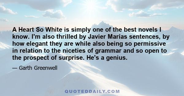 A Heart So White is simply one of the best novels I know. I'm also thrilled by Javier Marías sentences, by how elegant they are while also being so permissive in relation to the niceties of grammar and so open to the