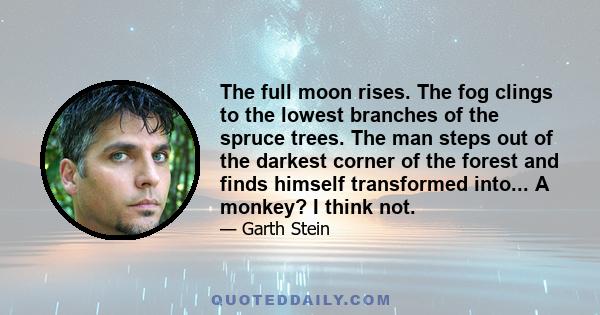 The full moon rises. The fog clings to the lowest branches of the spruce trees. The man steps out of the darkest corner of the forest and finds himself transformed into... A monkey? I think not.