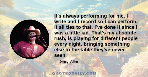 It's always performing for me. I write and I record so I can perform. It all ties to that. I've done it since I was a little kid. That's my absolute rush, is playing for different people every night, bringing something