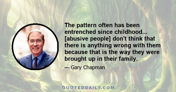 The pattern often has been entrenched since childhood... [abusive people] don't think that there is anything wrong with them because that is the way they were brought up in their family.