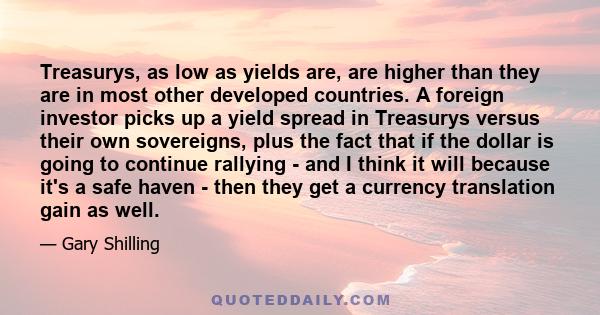 Treasurys, as low as yields are, are higher than they are in most other developed countries. A foreign investor picks up a yield spread in Treasurys versus their own sovereigns, plus the fact that if the dollar is going 