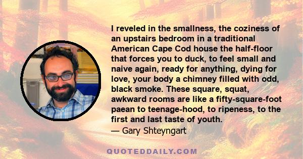 I reveled in the smallness, the coziness of an upstairs bedroom in a traditional American Cape Cod house the half-floor that forces you to duck, to feel small and naive again, ready for anything, dying for love, your