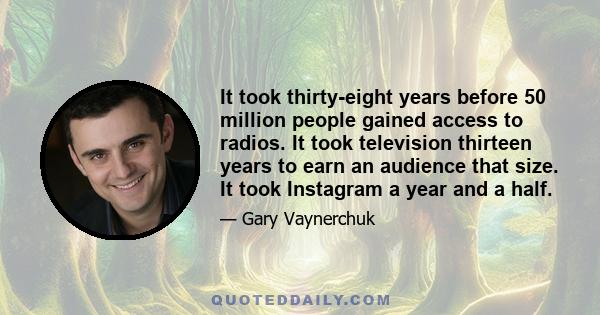 It took thirty-eight years before 50 million people gained access to radios. It took television thirteen years to earn an audience that size. It took Instagram a year and a half.