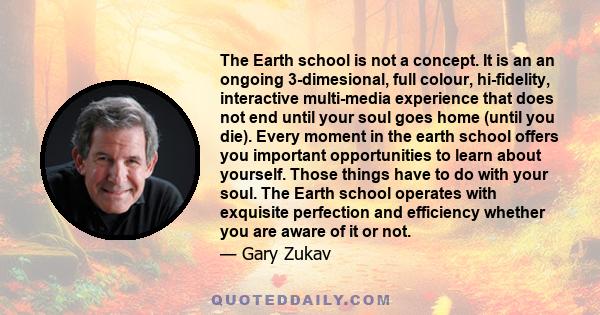 The Earth school is not a concept. It is an an ongoing 3-dimesional, full colour, hi-fidelity, interactive multi-media experience that does not end until your soul goes home (until you die). Every moment in the earth