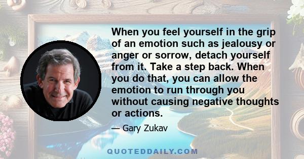 When you feel yourself in the grip of an emotion such as jealousy or anger or sorrow, detach yourself from it. Take a step back. When you do that, you can allow the emotion to run through you without causing negative