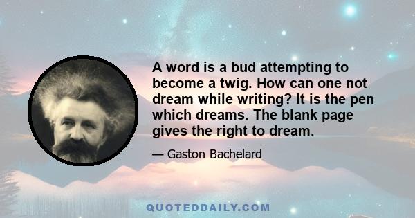 A word is a bud attempting to become a twig. How can one not dream while writing? It is the pen which dreams. The blank page gives the right to dream.