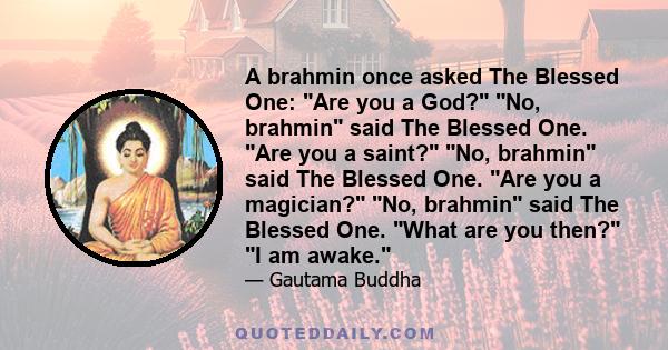 A brahmin once asked The Blessed One: Are you a God? No, brahmin said The Blessed One. Are you a saint? No, brahmin said The Blessed One. Are you a magician? No, brahmin said The Blessed One. What are you then? I am