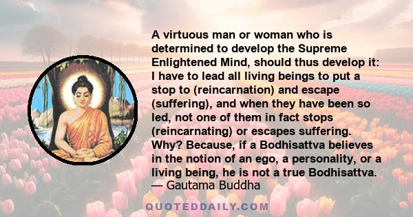 A virtuous man or woman who is determined to develop the Supreme Enlightened Mind, should thus develop it: I have to lead all living beings to put a stop to (reincarnation) and escape (suffering), and when they have