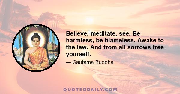 Believe, meditate, see. Be harmless, be blameless. Awake to the law. And from all sorrows free yourself.