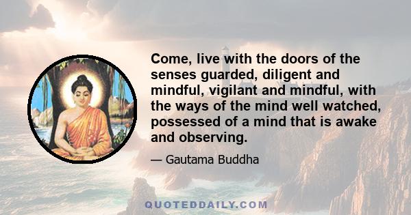 Come, live with the doors of the senses guarded, diligent and mindful, vigilant and mindful, with the ways of the mind well watched, possessed of a mind that is awake and observing.