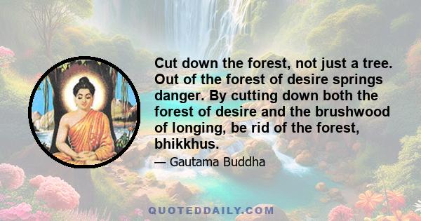 Cut down the forest, not just a tree. Out of the forest of desire springs danger. By cutting down both the forest of desire and the brushwood of longing, be rid of the forest, bhikkhus.