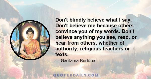 Don't blindly believe what I say. Don't believe me because others convince you of my words. Don't believe anything you see, read, or hear from others, whether of authority, religious teachers or texts.