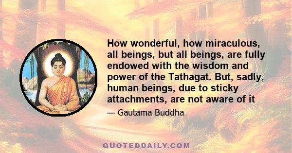 How wonderful, how miraculous, all beings, but all beings, are fully endowed with the wisdom and power of the Tathagat. But, sadly, human beings, due to sticky attachments, are not aware of it