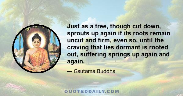 Just as a tree, though cut down, sprouts up again if its roots remain uncut and firm, even so, until the craving that lies dormant is rooted out, suffering springs up again and again.