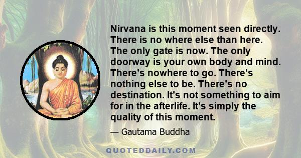 Nirvana is this moment seen directly. There is no where else than here. The only gate is now. The only doorway is your own body and mind. There’s nowhere to go. There’s nothing else to be. There’s no destination. It’s