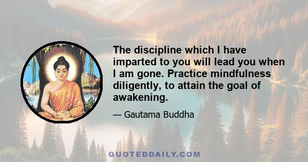 The discipline which I have imparted to you will lead you when I am gone. Practice mindfulness diligently, to attain the goal of awakening.