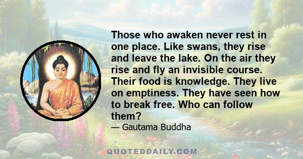 Those who awaken never rest in one place. Like swans, they rise and leave the lake. On the air they rise and fly an invisible course. Their food is knowledge. They live on emptiness. They have seen how to break free.