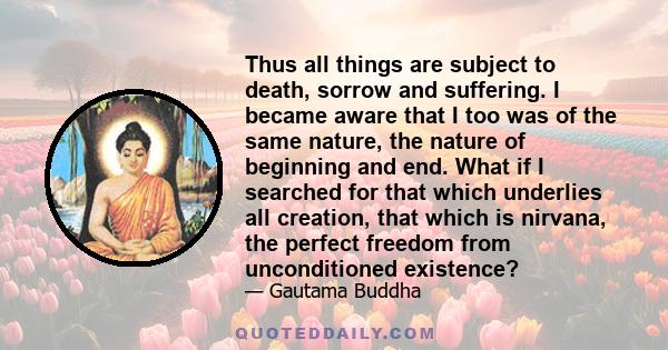 Thus all things are subject to death, sorrow and suffering. I became aware that I too was of the same nature, the nature of beginning and end. What if I searched for that which underlies all creation, that which is