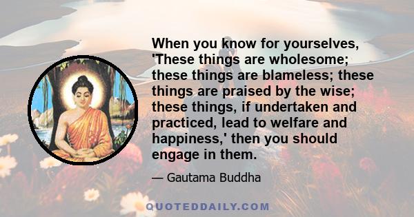 When you know for yourselves, 'These things are wholesome; these things are blameless; these things are praised by the wise; these things, if undertaken and practiced, lead to welfare and happiness,' then you should