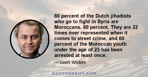 80 percent of the Dutch jihadists who go to fight in Syria are Moroccans. 80 percent. They are 22 times over represented when it comes to street crime, and 60 percent of the Moroccan youth under the age of 23 has been