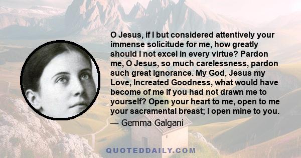 O Jesus, if I but considered attentively your immense solicitude for me, how greatly should I not excel in every virtue? Pardon me, O Jesus, so much carelessness, pardon such great ignorance. My God, Jesus my Love,