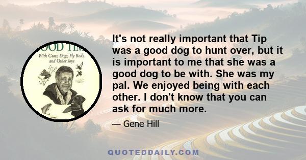 It's not really important that Tip was a good dog to hunt over, but it is important to me that she was a good dog to be with. She was my pal. We enjoyed being with each other. I don't know that you can ask for much more.