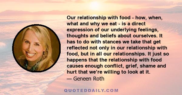 Our relationship with food - how, when, what and why we eat - is a direct expression of our underlying feelings, thoughts and beliefs about ourselves. It has to do with stances we take that get reflected not only in our 