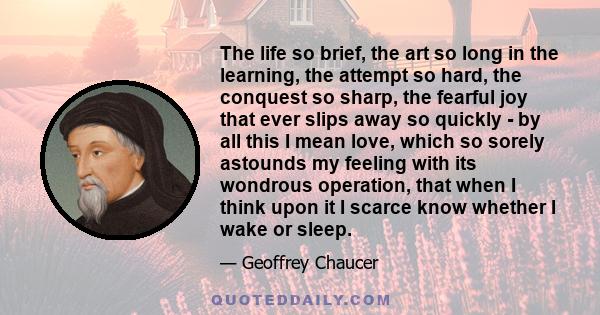 The life so brief, the art so long in the learning, the attempt so hard, the conquest so sharp, the fearful joy that ever slips away so quickly - by all this I mean love, which so sorely astounds my feeling with its