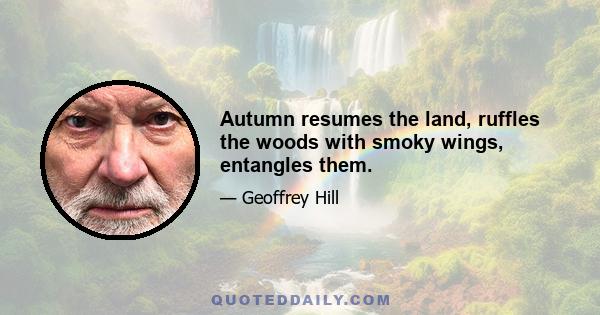 Autumn resumes the land, ruffles the woods with smoky wings, entangles them.