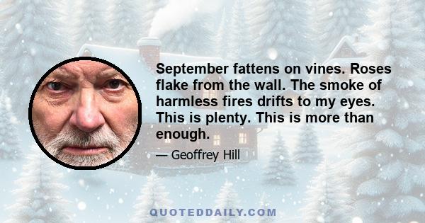 September fattens on vines. Roses flake from the wall. The smoke of harmless fires drifts to my eyes. This is plenty. This is more than enough.