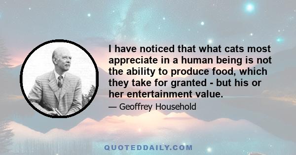 I have noticed that what cats most appreciate in a human being is not the ability to produce food, which they take for granted - but his or her entertainment value.