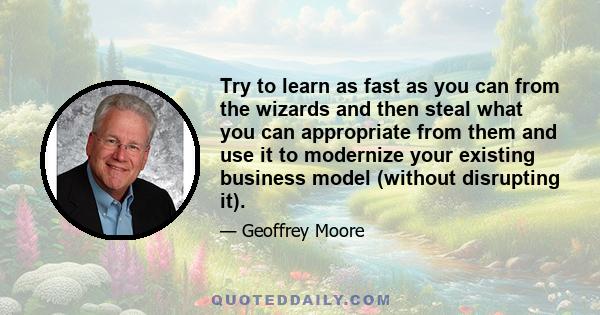 Try to learn as fast as you can from the wizards and then steal what you can appropriate from them and use it to modernize your existing business model (without disrupting it).