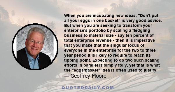 When you are incubating new ideas, Don't put all your eggs in one basket is very good advice. But when you are seeking to transform your enterprise's portfolio by scaling a fledgling business to material size - say ten