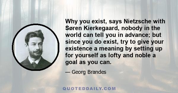 Why you exist, says Nietzsche with Søren Kierkegaard, nobody in the world can tell you in advance; but since you do exist, try to give your existence a meaning by setting up for yourself as lofty and noble a goal as you 