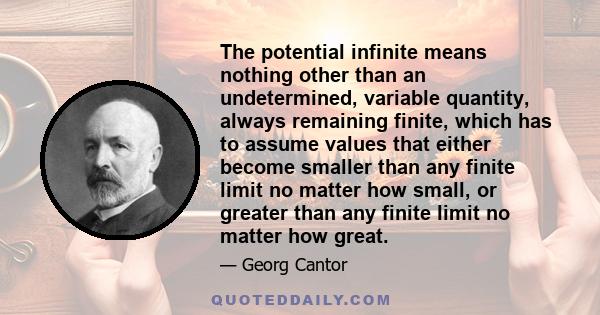 The potential infinite means nothing other than an undetermined, variable quantity, always remaining finite, which has to assume values that either become smaller than any finite limit no matter how small, or greater