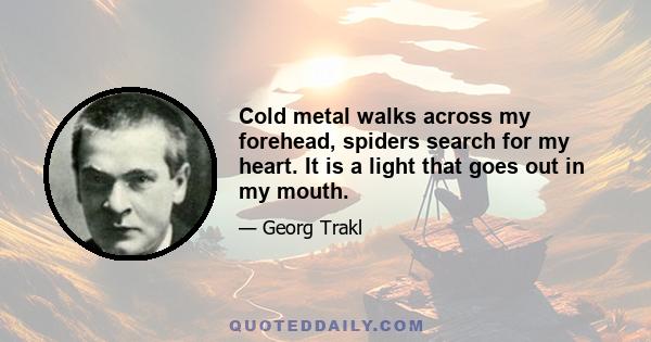 Cold metal walks across my forehead, spiders search for my heart. It is a light that goes out in my mouth.