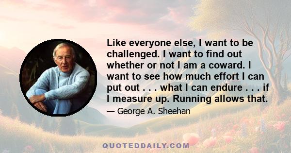 Like everyone else, I want to be challenged. I want to find out whether or not I am a coward. I want to see how much effort I can put out . . . what I can endure . . . if I measure up. Running allows that.