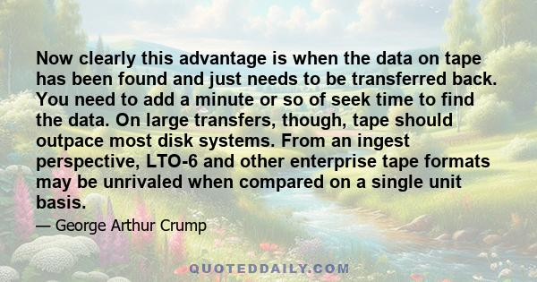 Now clearly this advantage is when the data on tape has been found and just needs to be transferred back. You need to add a minute or so of seek time to find the data. On large transfers, though, tape should outpace