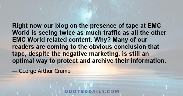 Right now our blog on the presence of tape at EMC World is seeing twice as much traffic as all the other EMC World related content. Why? Many of our readers are coming to the obvious conclusion that tape, despite the