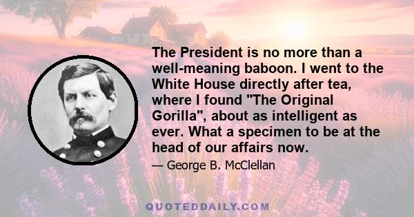 The President is no more than a well-meaning baboon. I went to the White House directly after tea, where I found The Original Gorilla, about as intelligent as ever. What a specimen to be at the head of our affairs now.