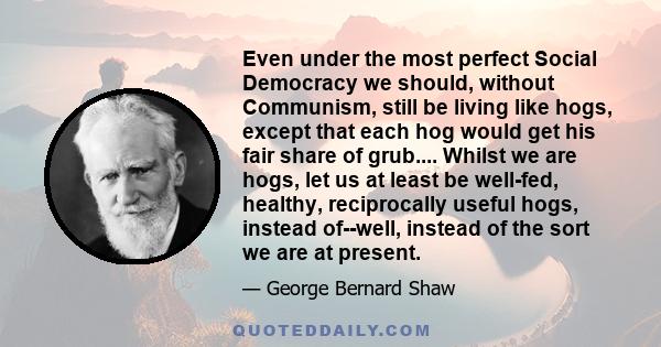 Even under the most perfect Social Democracy we should, without Communism, still be living like hogs, except that each hog would get his fair share of grub.... Whilst we are hogs, let us at least be well-fed, healthy,