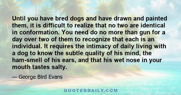 Until you have bred dogs and have drawn and painted them, it is difficult to realize that no two are identical in conformation. You need do no more than gun for a day over two of them to recognize that each is an