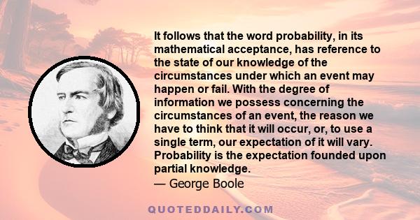 It follows that the word probability, in its mathematical acceptance, has reference to the state of our knowledge of the circumstances under which an event may happen or fail. With the degree of information we possess